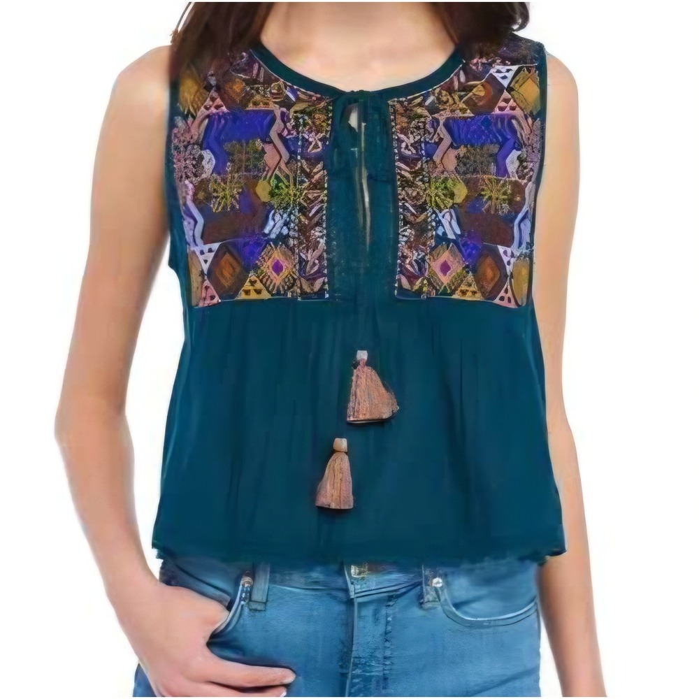 Free People Dark Teal Embroidered Gauze Crinkle Top XS Cotton Boho Folk Peasant